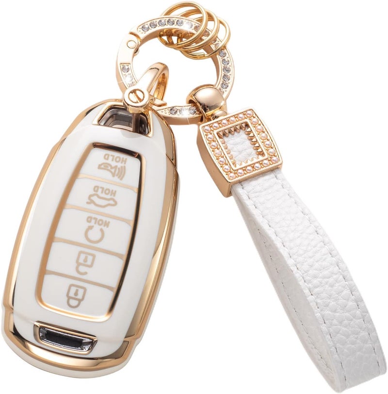 CACARLIKE for Hyundai Key Fob Cover with Leather Lanyard, Car Key Fob Case Compatible with Elantra GT Sport Santa Fe Palisade Kona Smart Key Protector Holder - Image 1